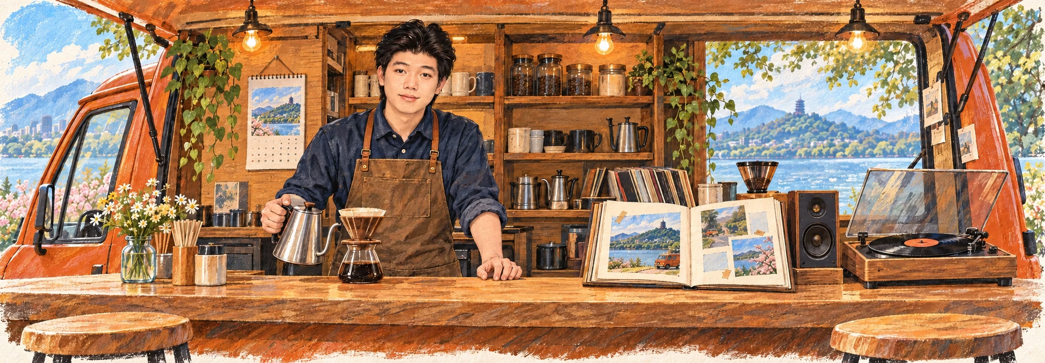 尚未上咖啡的橙色公路咖啡车吧台，日历、店长、相册和唱片机依次从左向右摆放