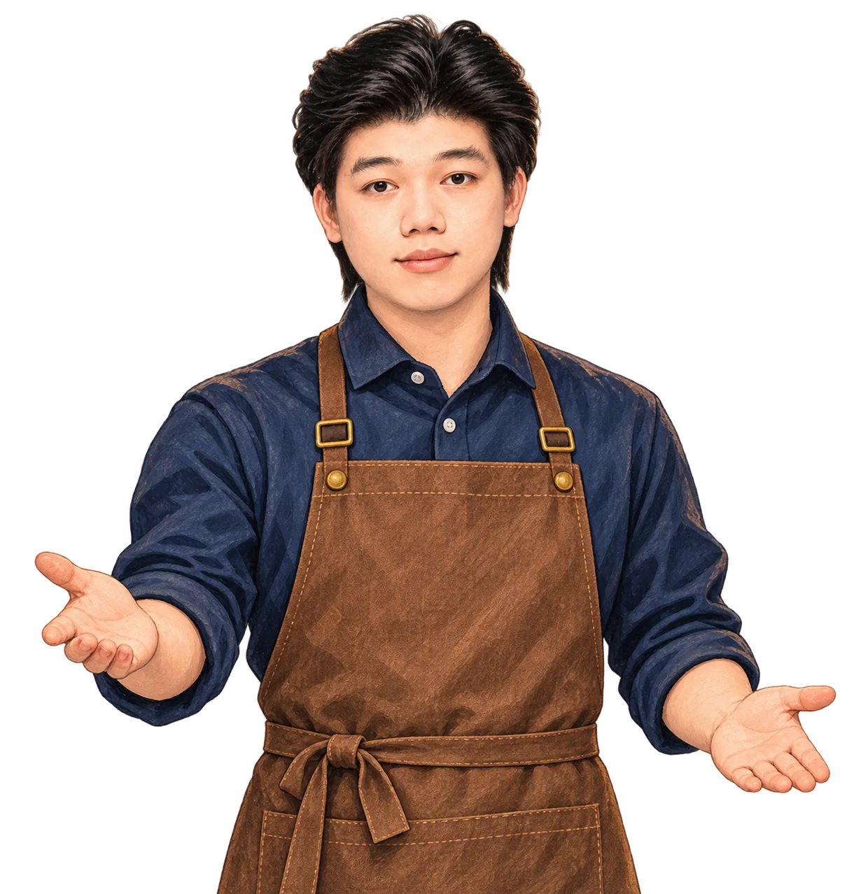 穿着深蓝衬衫与棕色围裙的店长向访客伸手问候